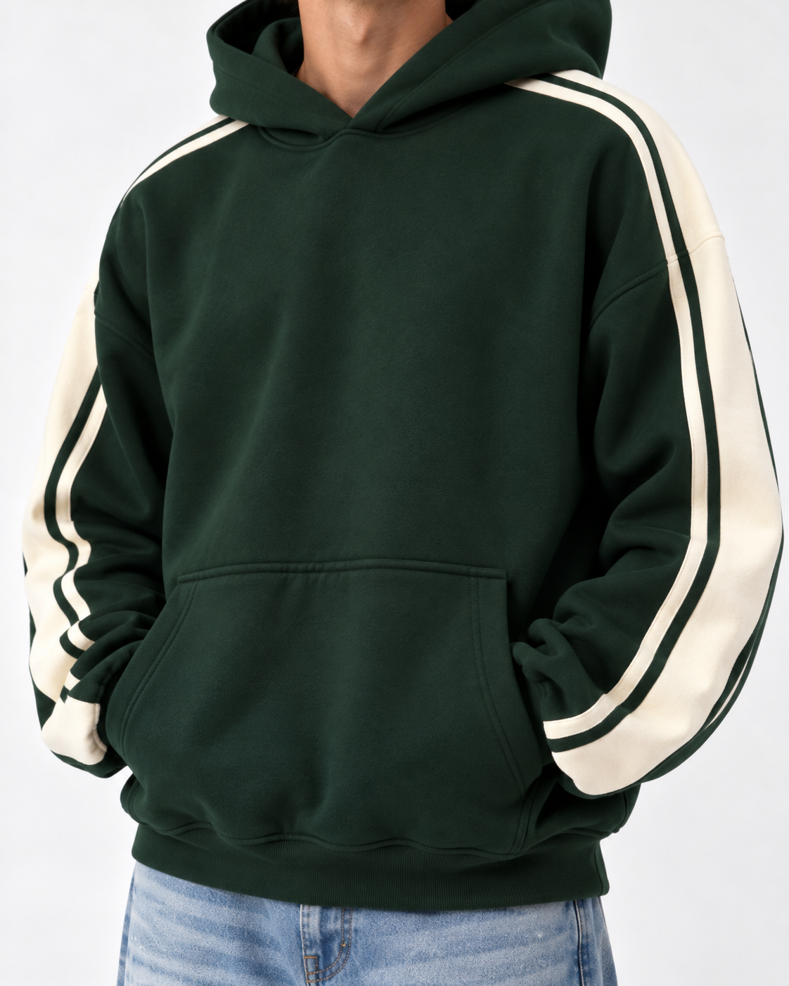 Forest Green Striped Hoodie, close-up of the sleeve stripes