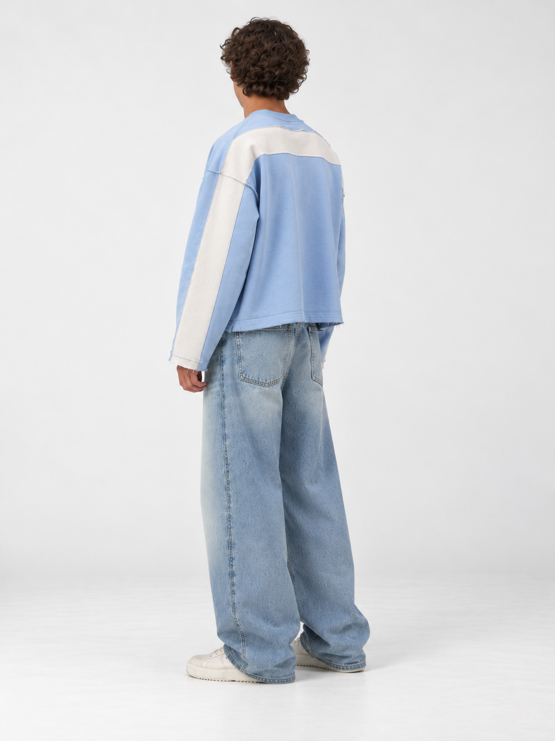 Sky Blue Colorblock Crewneck, three-quarter back