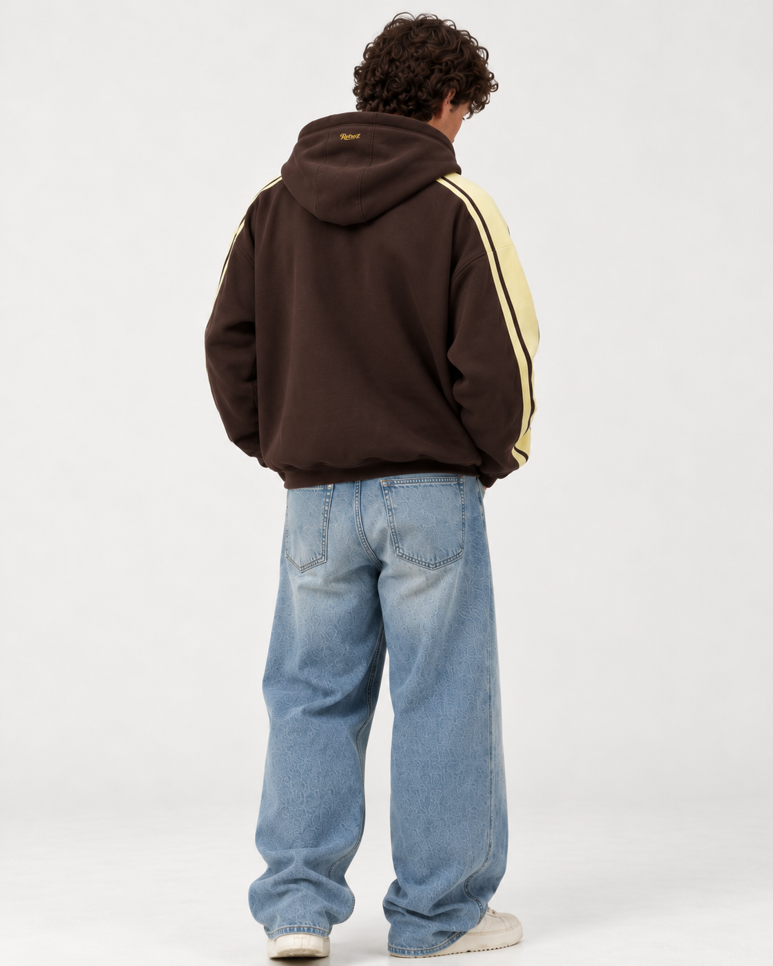 Brown Striped Hoodie, back, yellow RetroZ logo on the hood