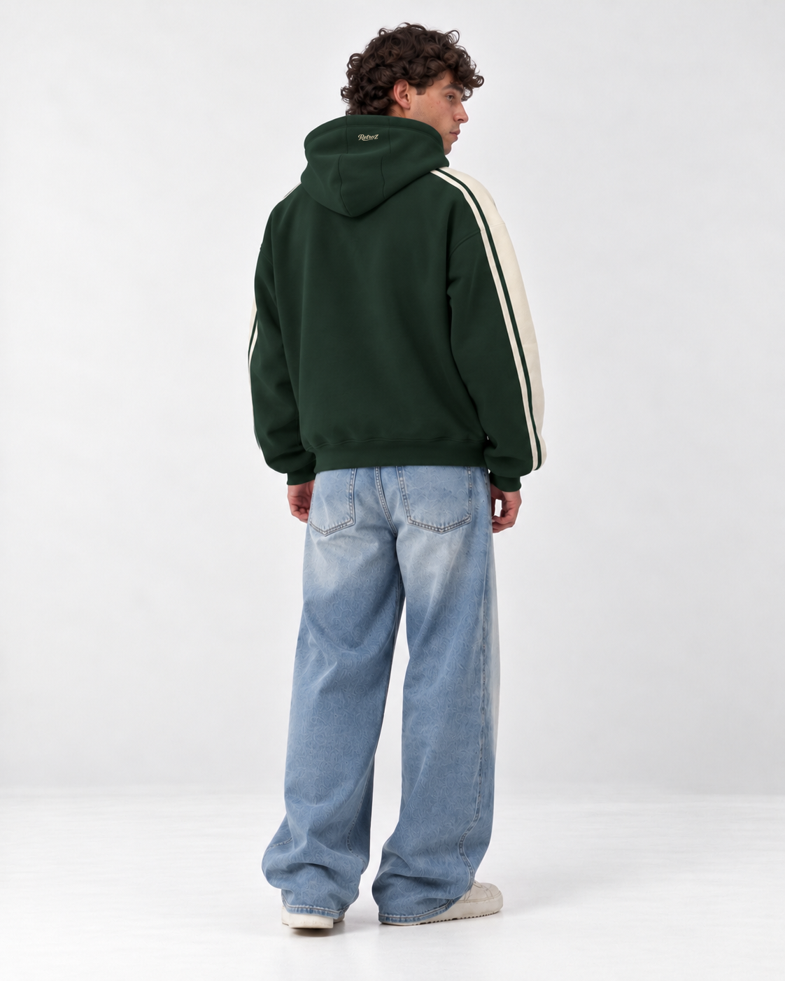 Forest Green Striped Hoodie, back, beige RetroZ logo on the hood