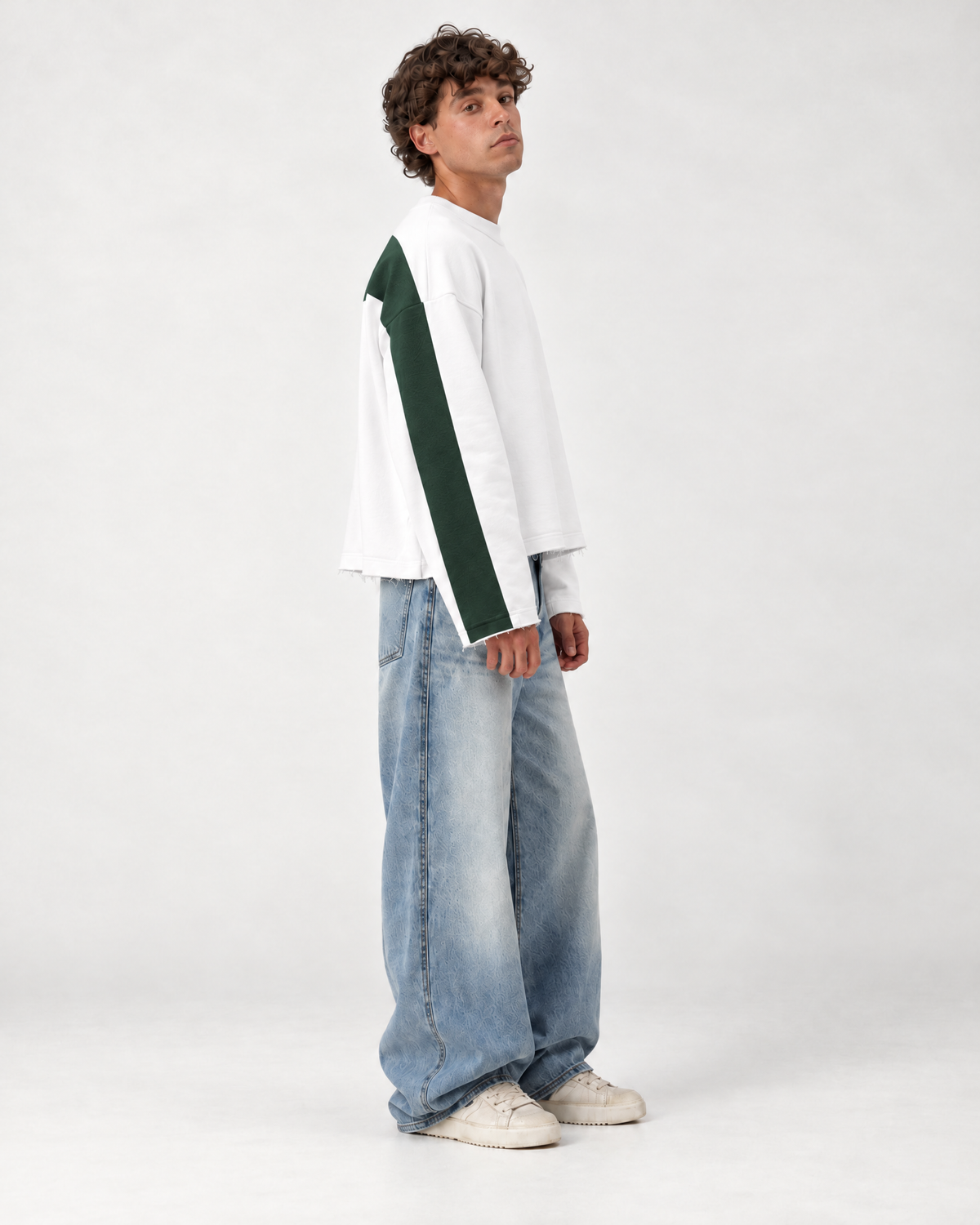Cream & Forest Green Double Face Crewneck, side