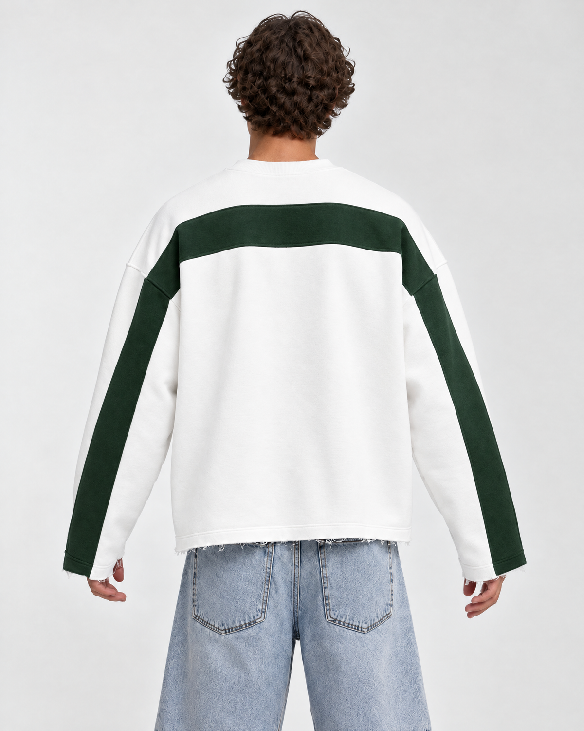 Cream & Forest Green Double Face Crewneck, back, clean face