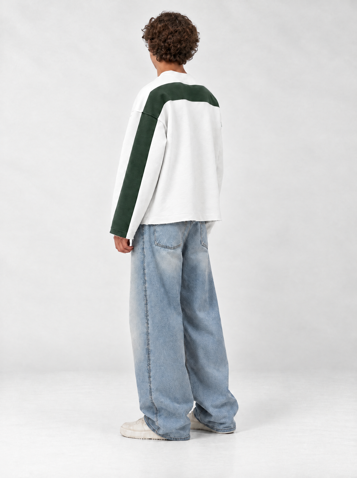 Cream & Forest Green Double Face Crewneck, three-quarter back